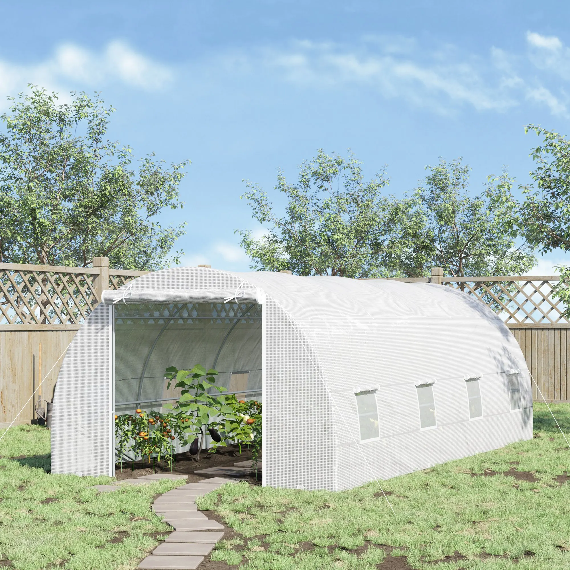 

20' x 10' x 7' Walk-In Tunnel Greenhouse with Zippered Door & 8 Mesh Windows, Large Garden Green House Kit, Galvanized Steel Frame, White