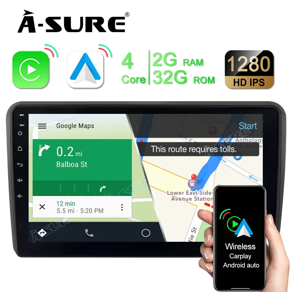 A-Sure 2 Din 4+64GB Car Multimedia Android 11 Radio Wireless Carplay DSP WIFI 4G-LTE GPS Navigation For Audi A3 8P1 RS3 S3