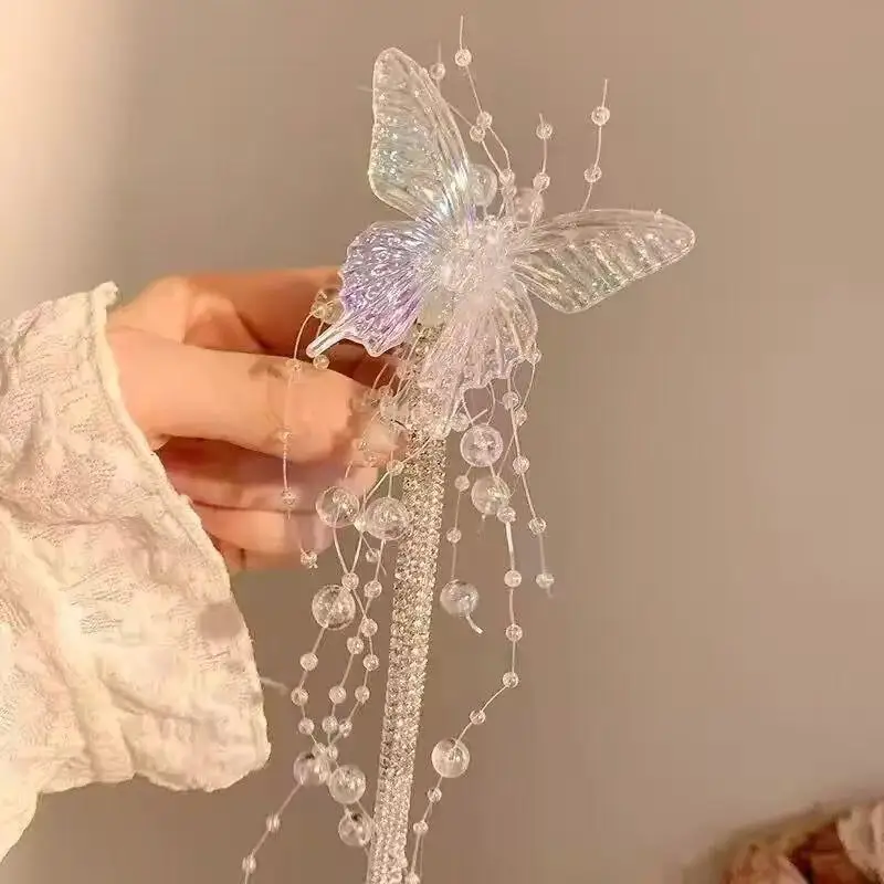 Lange Haarspange mit Schmetterlingsperlen und Quasten für Damen, Feenhaftes, süßes Prinzessinnen-Haarschmuckstück, modische Haaraccessoires. – Detail 7