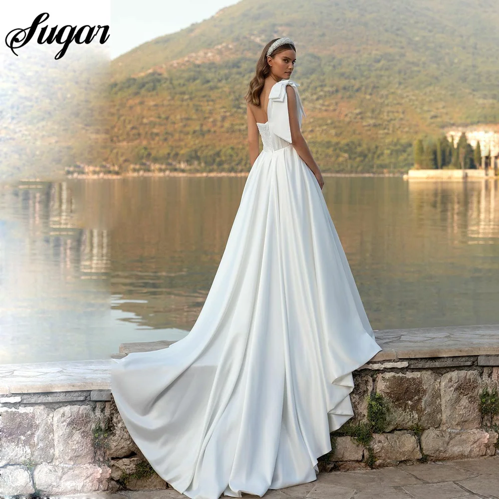 Chic A-Line Satin Wedding Dresses One-Shoulder Beading Bridal Gowns Zipper Back Beach Brides Dress Custom Made Robes de mariée