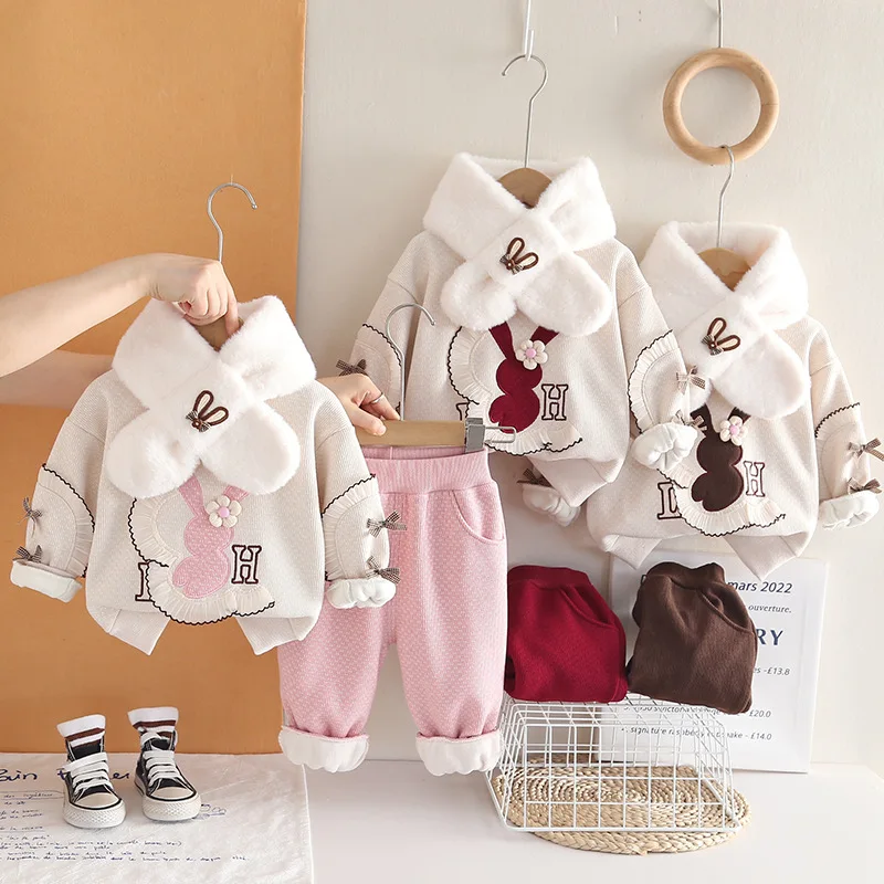 

Комплекты плотной одежды для девочек, осенне-зимние детские хлопковые бархатные толстовки, топы и брюки, теплый костюм из 2 предметов для малышей, милые спортивные костюмы для детей