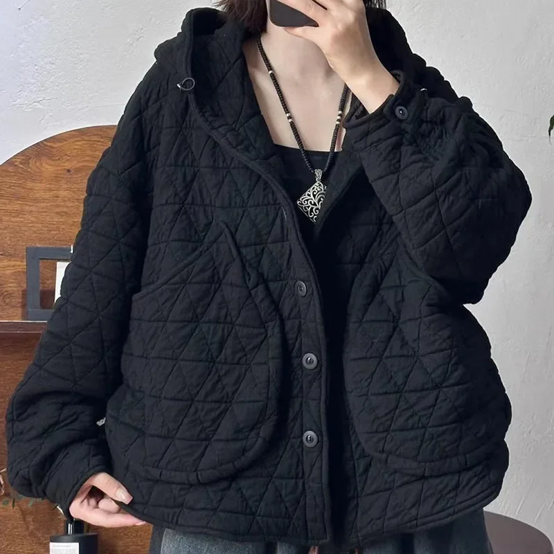 Fashionable Diamond Pattern Loose Hooded Jacket Women's Large Pocket Casual Cotton Coat Trendy Autumn Winter New Style