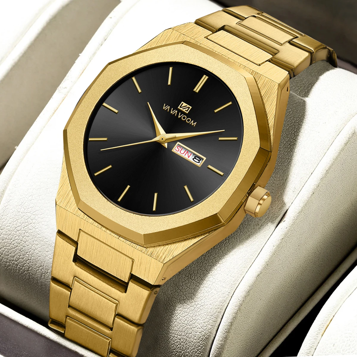 Luxury Black Two‑tone Men Watch Dual Calendar 3Bar Waterproof Stainless Steel Strap Business Fashion Quartz Wristwatch For Male