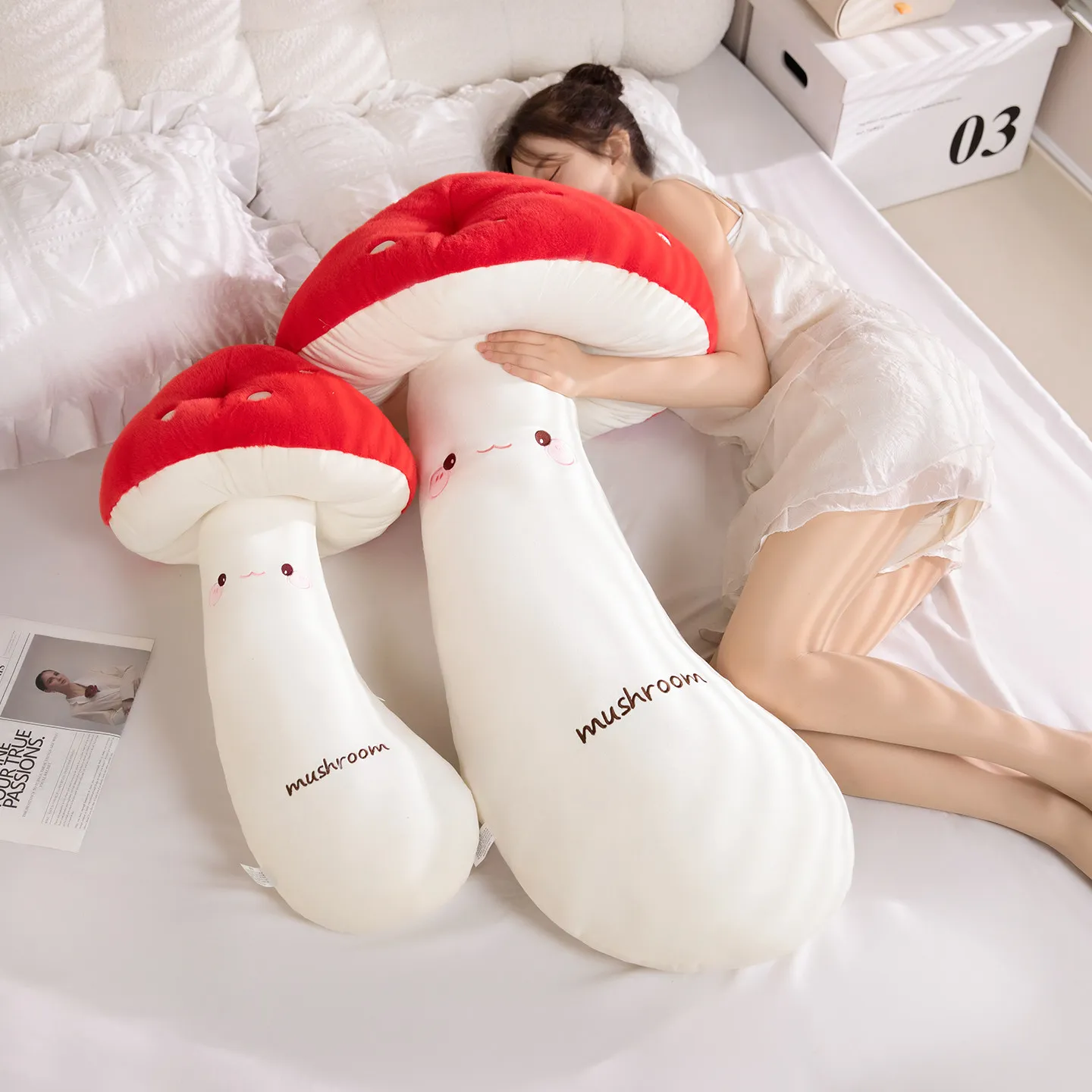 70/110cm Cute Long Mushroom Plush Pillow Stuffed Long Strip Mushroom Throw Pillow Cushion Leg Clamp Sleeping Companion Gift