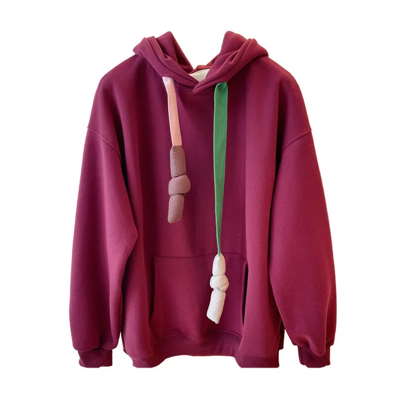 Sentido de design: nicho colorido torcido rendas até lã com capuz para mulheres, solto casual grosso jaqueta hoodies roupas femininas