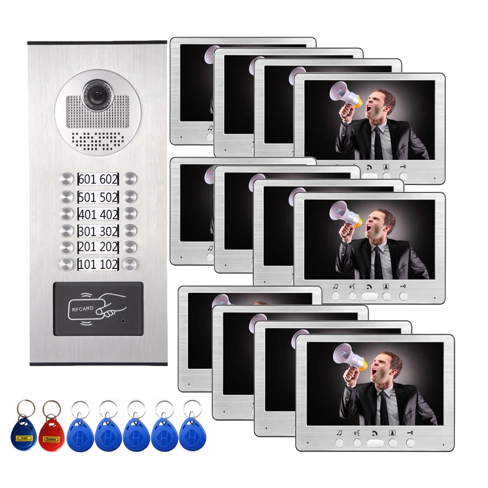4F/6F/8F Apartment/Family Video Door Phone Intercom System 7 inch Building Doorbell System Inductive ID Card