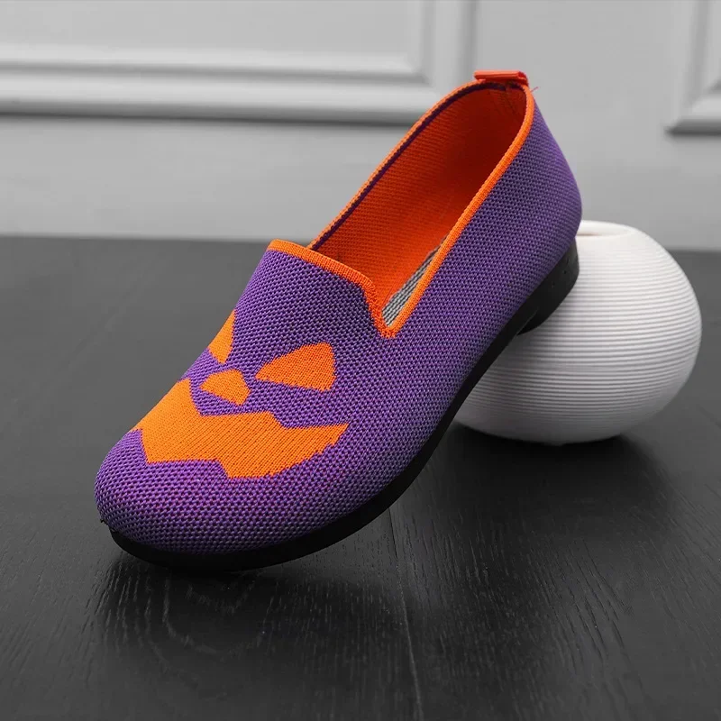 Halloween Pumpkin Smiling Face Women's Shoes, 2024 New Flat Flat Single Shoes Lightweight Comfortable, Breathable Walking Shoes,