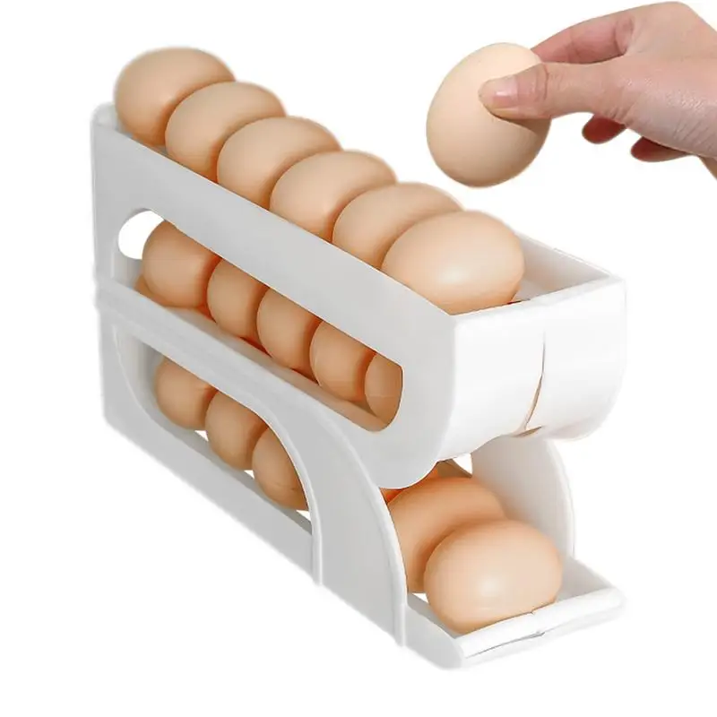 Dispensador automático de huevos rodante, soporte para almacenamiento de huevos para nevera de 3 niveles, bandeja para huevos con puerta lateral para refrigerador que ahorra espacio