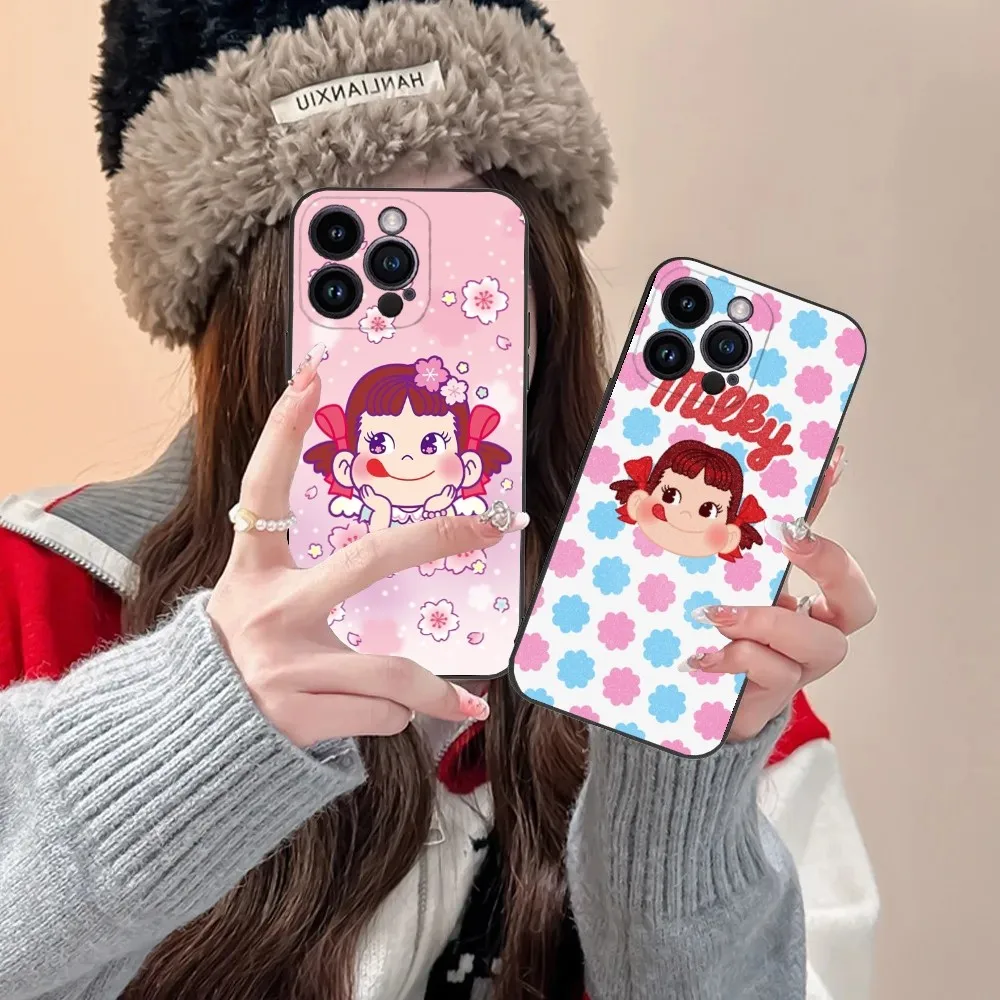 Fujiya Milky Peko-Chan Phone Case For iPhone 16,15,14,13,12,11,Plus,Pro Max,XS,X,XR,SE,Mini,8,7 Soft Silicone Black Cover