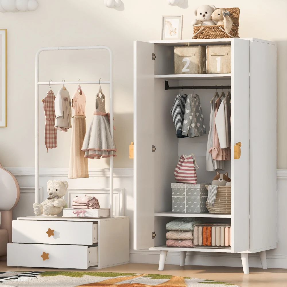 Armoire à double porte blanche, dimensions 70x55x170 cm, poignées en forme d’ours de dessin animé, pieds surélevés, grand espace de rangement, idéale pour la chambre d’enfant, meuble pour la maison, livraison en 3 colis, pour 2 à 3 personnes, assemblage complet requis.