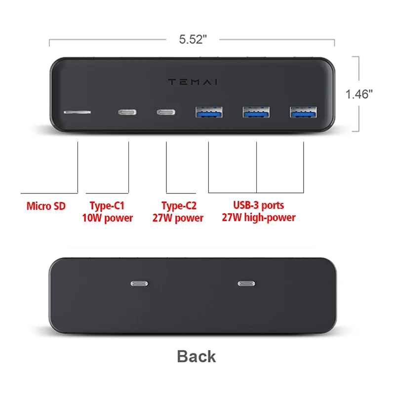 TEMAI USB Hub Intelligent Docking Station 27W Fast Charging 6 In 2 Type-C for Tesla Model 3/Y  2021-2023 Car Accessories