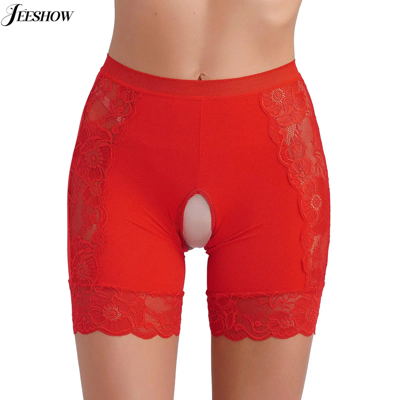 Womens Floral Lace Patchwork Safety Shorts High Waist Open Crotch Boyshorts Panties Stretchy Boxer Shorts Under Skirt Underwear