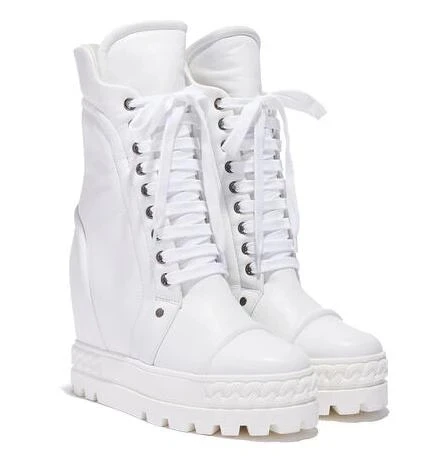 White Black Cow Leather Inner Wedge Boots 10cm Height Increasing Thick Sole Casual Shoes Platform  High Top Short Combat Boots