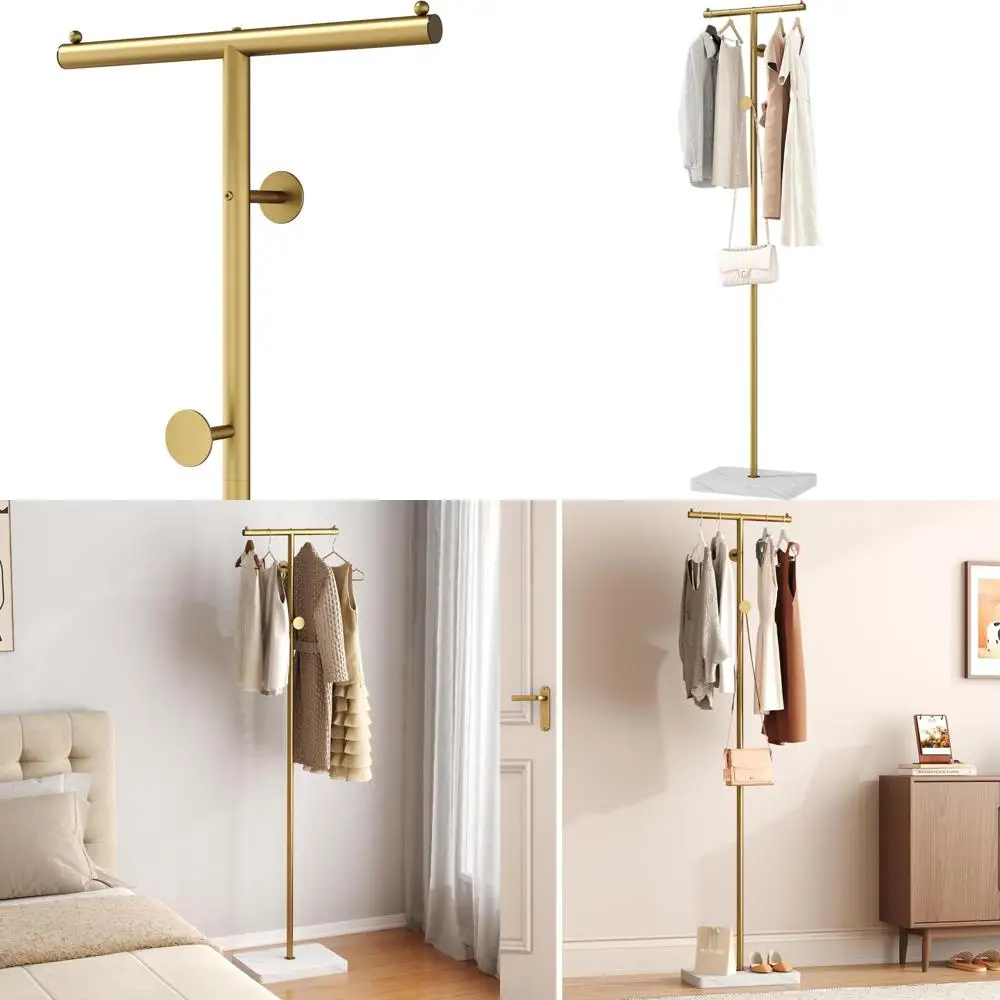 

Gold T-Shaped Freestanding Metal Coat Rack with 2 Hooks for Home Storage