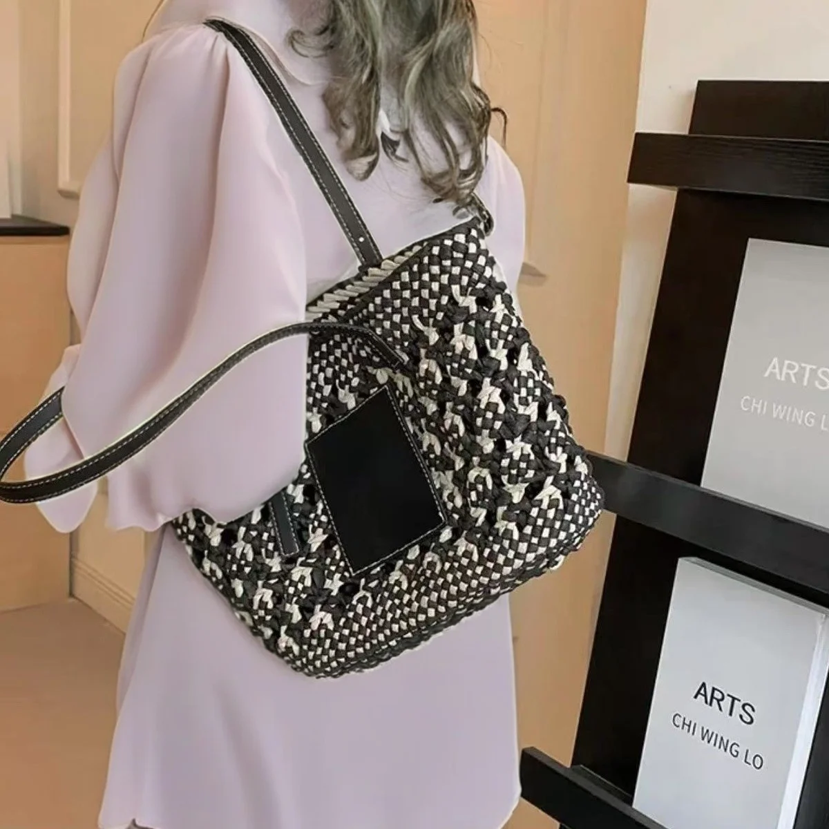 

RESNITCA Shoulder Beach Bag Summer Fabric Beach Bag Fashion Straw Bag