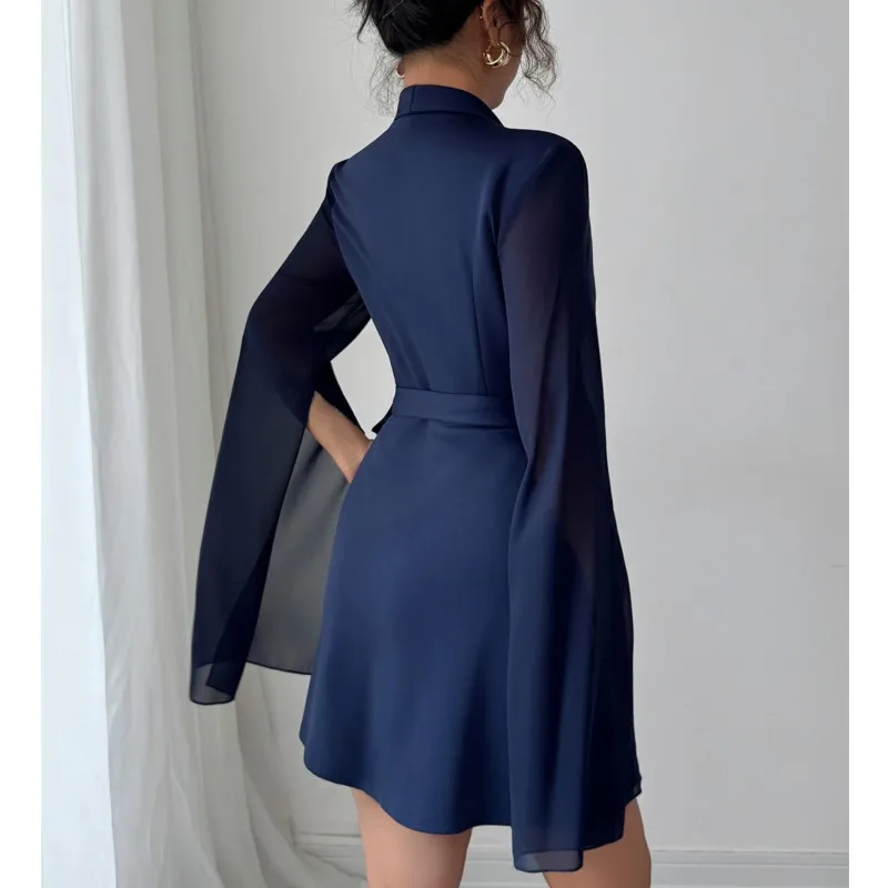 2025 Office Dress For Women Autumn Long Sleeve Formal Dress With Tied Waist Sexy V Neck Elegant Mini Dress Femme Korean Version