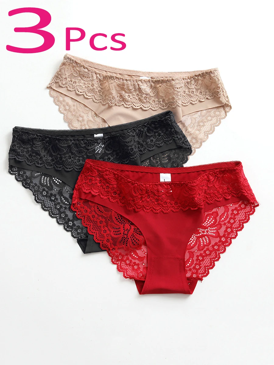 3-Pack Women's Lace Stitching Briefs, Ice Silk Comfortable and Breathable Ladies' Panties, Sexy Women's Underwear