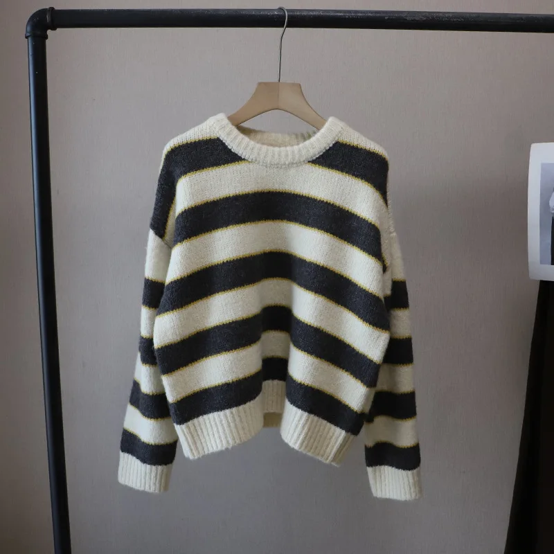 

Осень/зима 2022, новый свободный ленивый толстый теплый пуловер с круглым вырезом в полоску для женщин