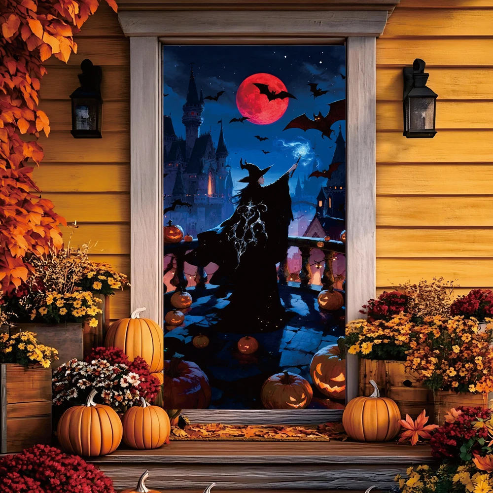 

90x180cm Large Halloween Party Banner Decor Witch Casting Magic with Wand, Pumpkin Jack O Lanterns, Spooky Castle Bats Flying