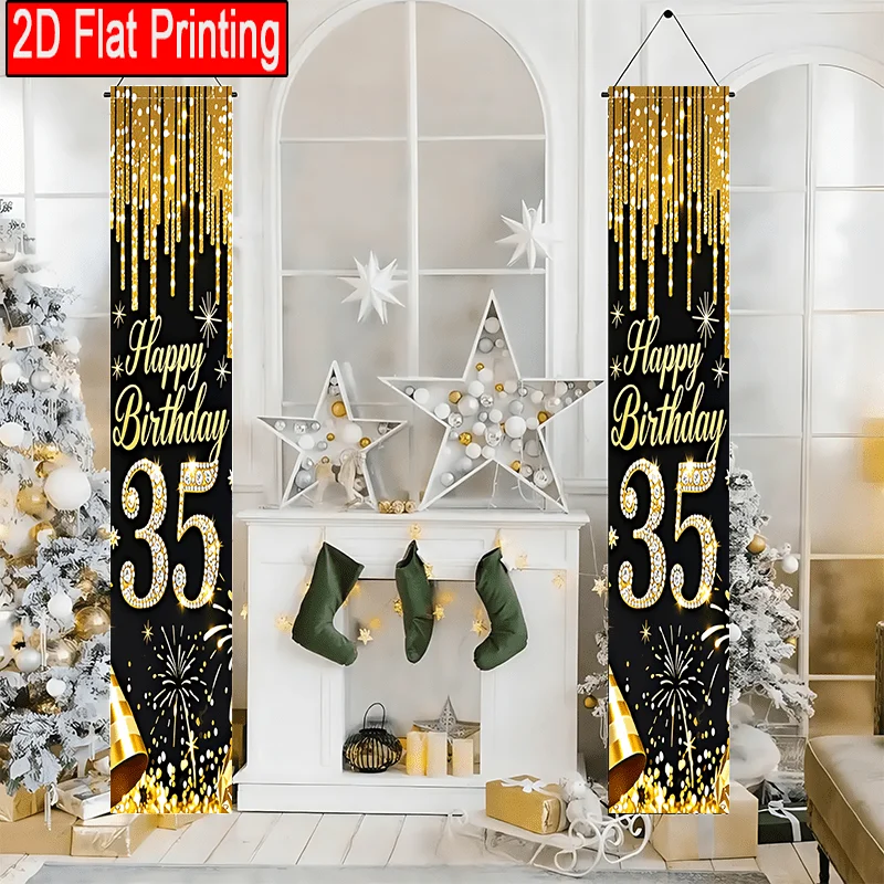 2D Flaches 2er-Pack Happy Birthday Banner mit Schwarz-Gold-Fransen für die Feier des 35. Geburtstags, geeignet für den Außenbereich – Detail 8