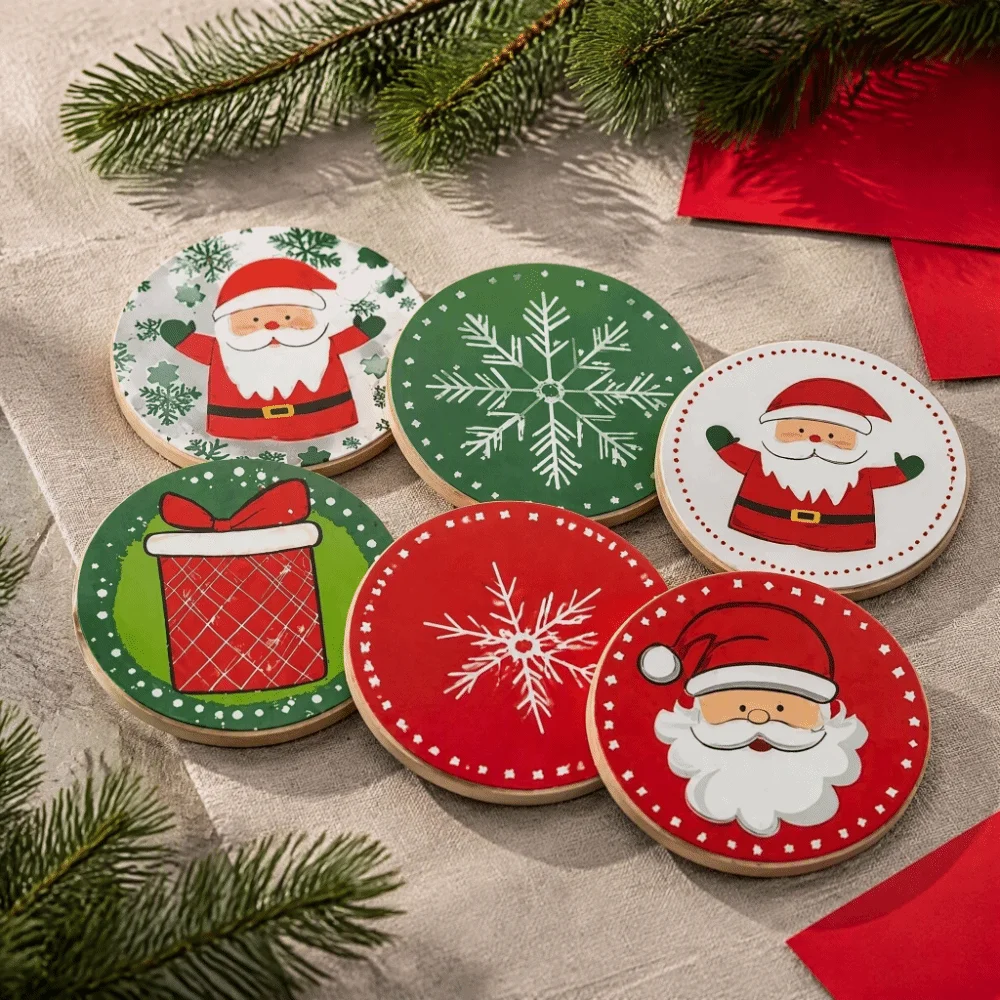 6PCS Round Christmas Wooden Coasters Lightweight Printed Pattern Drink Cup Mats Santa Claus Snowflake Pattern Unique