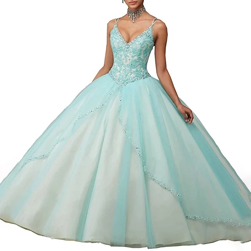 Sexy Deep V Neck Womens Wedding Party Dress Girls Ball Gown Sweet 16 Quinceanera Dresses Spaghetti Sequined Prom Gowns