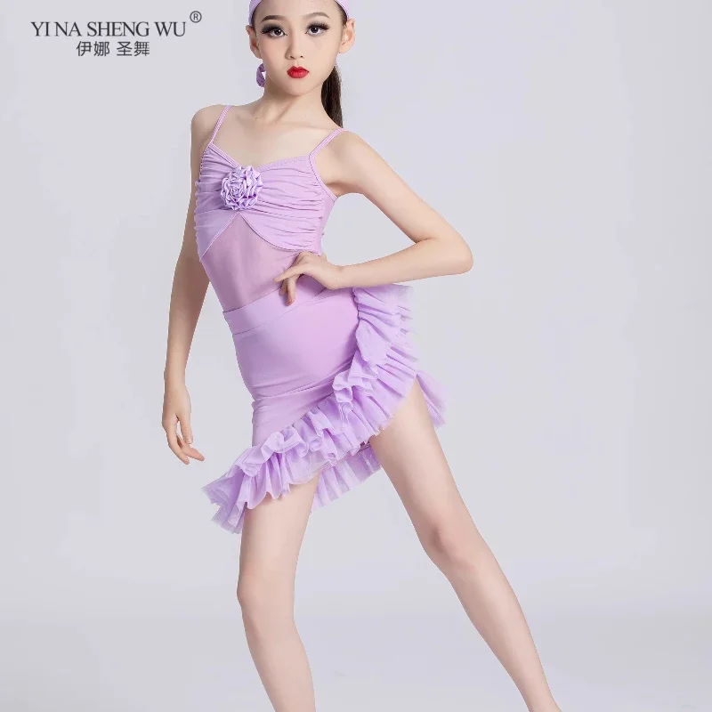 أزياء أداء الرقص اللاتيني للأطفال الفتيات الدانتيل الفتيات ممارسة السالسا السامبا مرحلة فستان أرجواني لعرض مسرح المنافسة