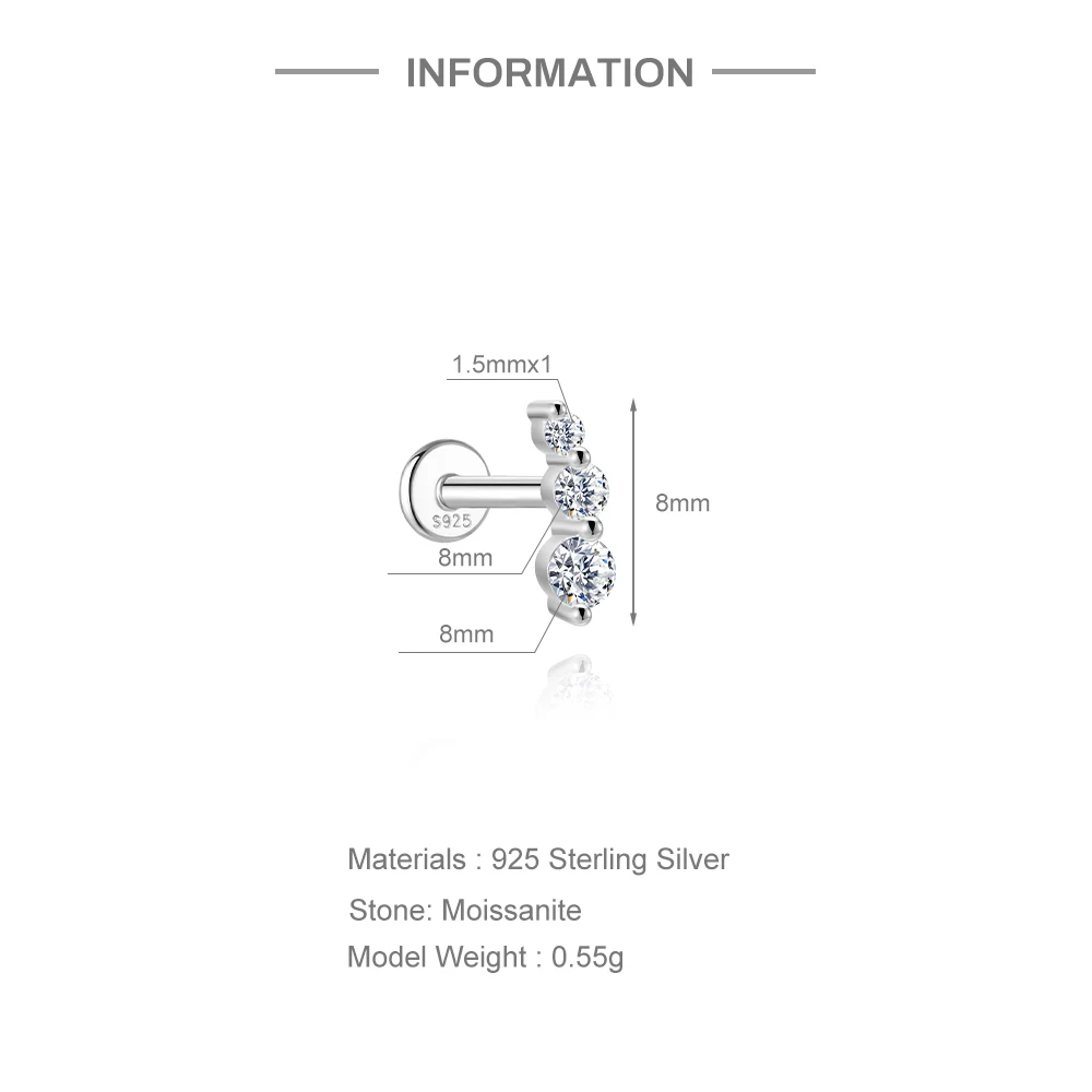 Aide Moissanit-Diamant-Ohrstecker für Damen, originales 925er-Sterlingsilber, Schraubverschluss, Damen-Moissanit-Ohrring mit flacher Rückseite, Juwel