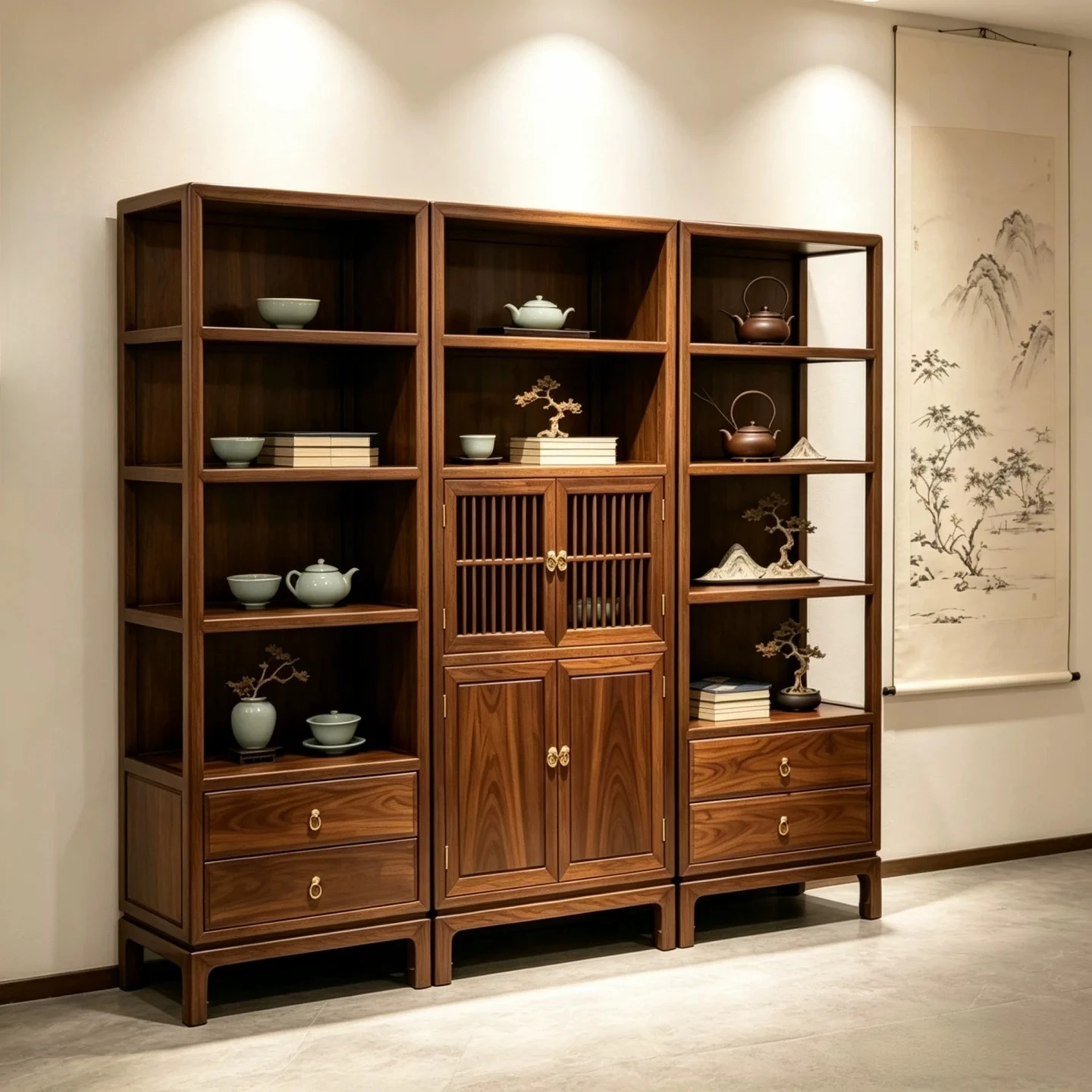 New Chinese Solid Wood Black Walnut Duobao Ge Aesthetic Tea Room Multi-layer Layered Shelf Storage