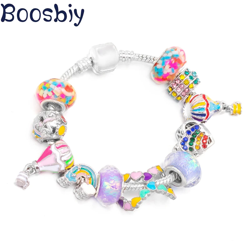 Love Sky Beads Snake Chain With Colorful Hot Air Balloon Pendent DIY Brand Charm Bracelet Jewelry For Women Making Gift New