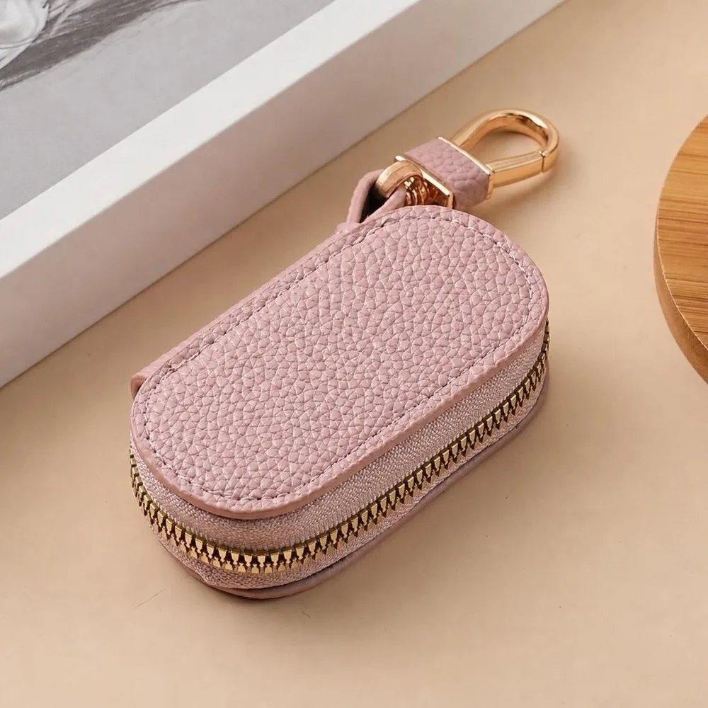 PU Leather Key Wallet Solid Color Lychee Pattern Zipper Key Case Compact Size Zipper Closure Key Organizer Pouch