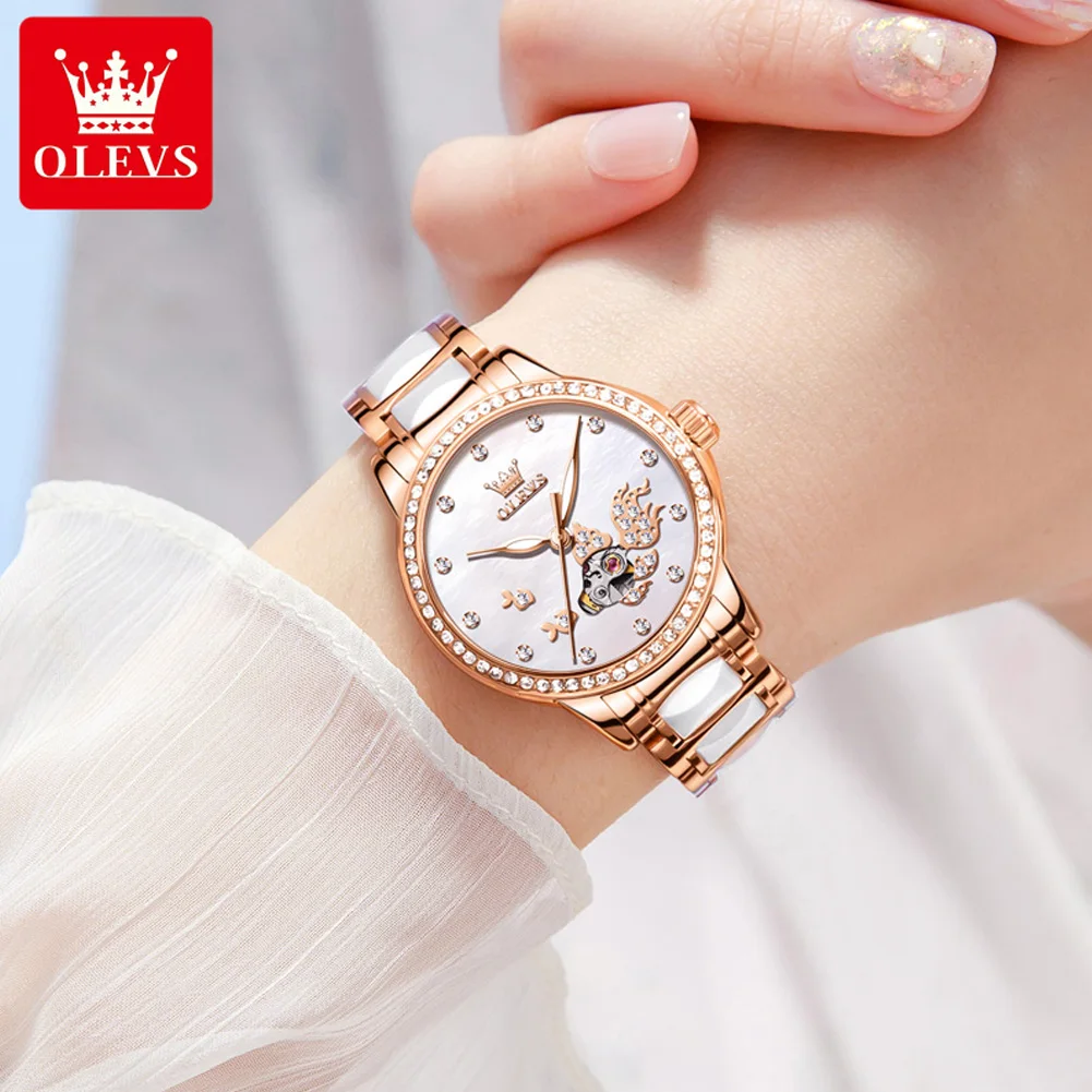 OLEVS Automatic Mechanical Watch for Women Ceramic Strap Skeleton Diamond Dial Waterproof Original Rose Gold Women's Wristwatch