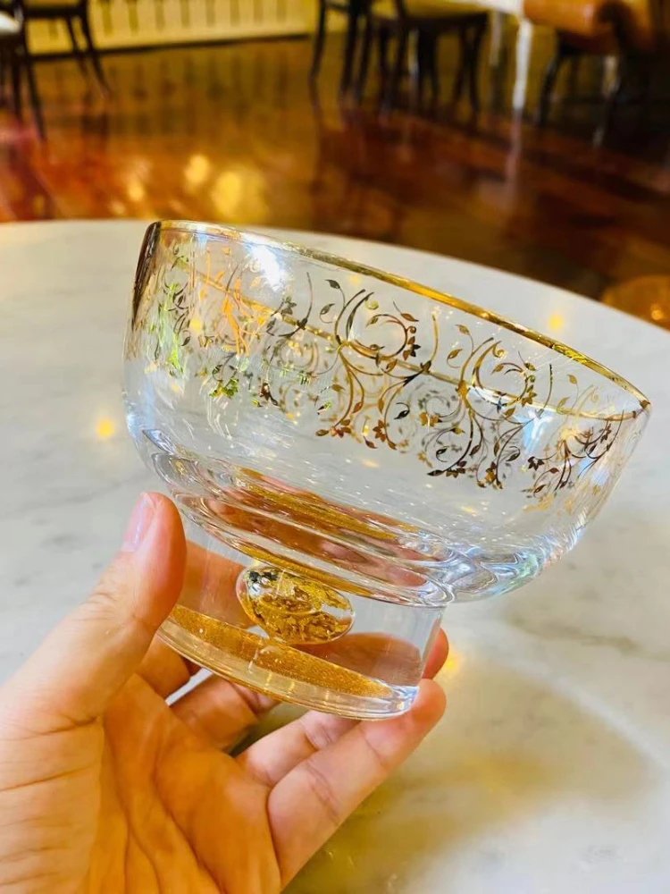 Handmade luxury crystal glass lace gold leaf dessert bowl ice cream bowl