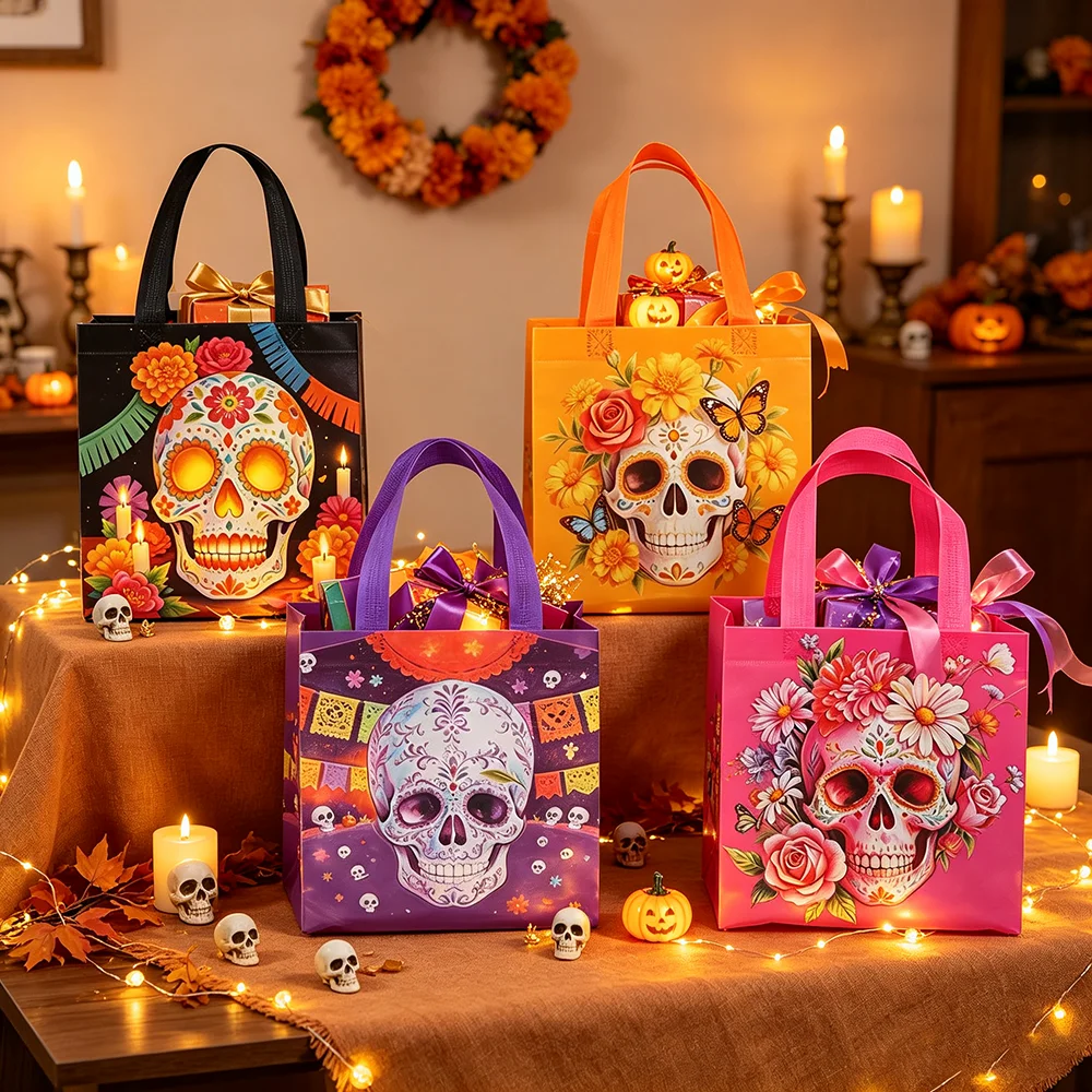 Sugar Skull Printed Non Woven Gift Storage Bag Reusable Halloween Party Tote Bag Eco Friendly Grocery Portable Shopping Handbag