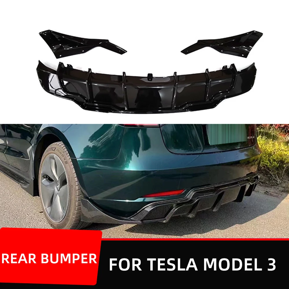 For Tesla Model 3 2019 2020 2021 2022 2023 Rear Bumper Diffuser Lip Body Kit PP Plastic Black Carbon Fiber Pattern Accessories