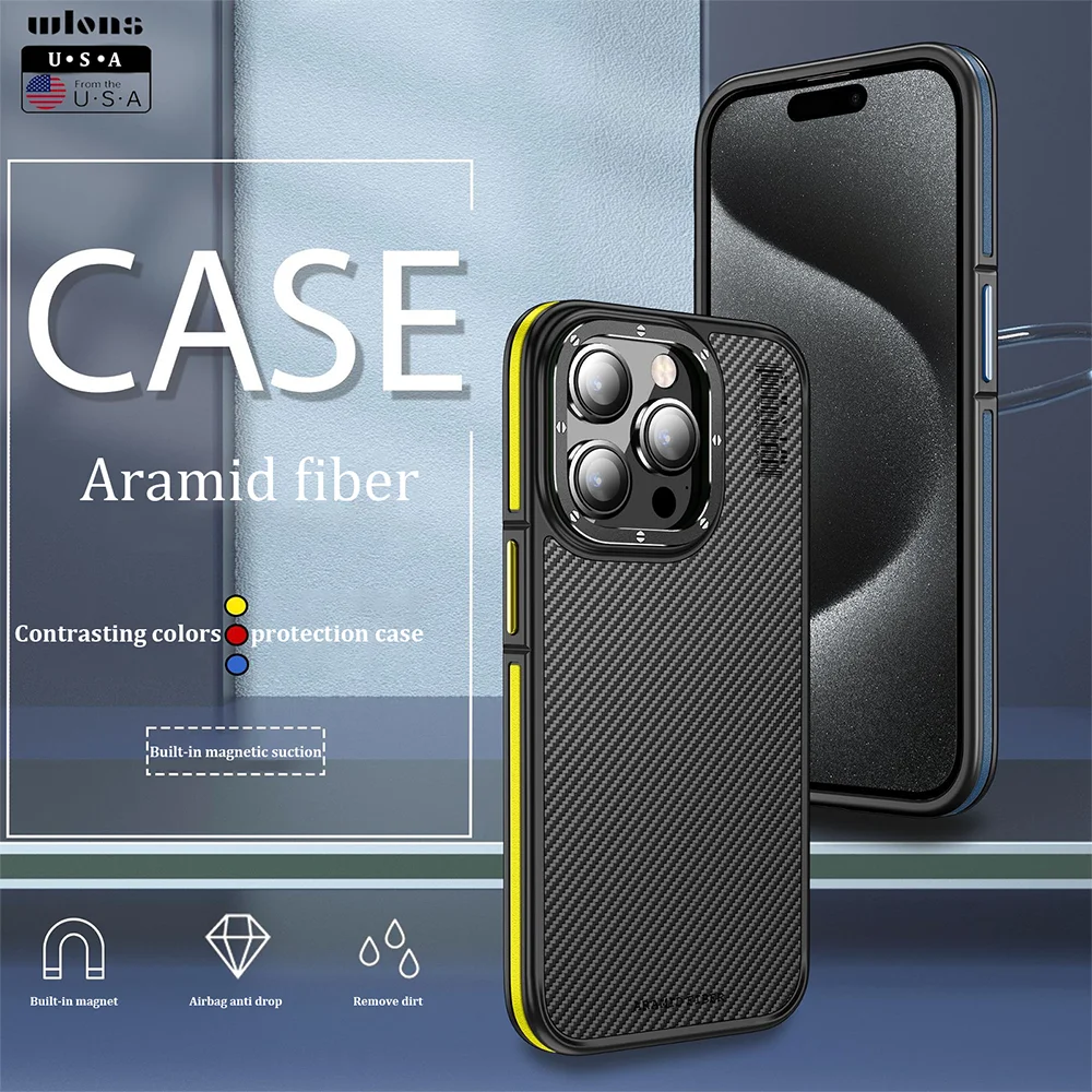 

Kevlar Carbon Fiber Aramid Shock Absorption Case for iPhone 15 14 Plus 13 Pro Max Magnetic Wireless Charging Shockproof Cover
