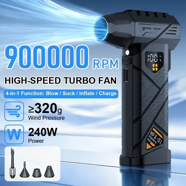 Ventilador Turbo Jet 2 em 1 de 900.000 RPM e 240W, Soprador de Ar Sem Fio, Aspirador de Pó, Duto Metálico, Power Bank para Limpeza de PC, Carro, Casa e Exteriores