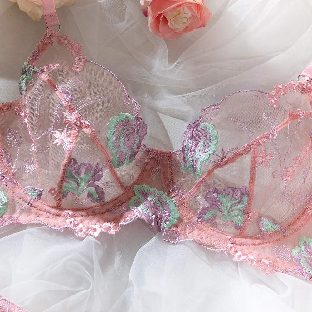 

Embroidery Lingerie Set Women Sheer Floral Boho 2-Piece Bra + Panty Underwear Set Sexy Intimates