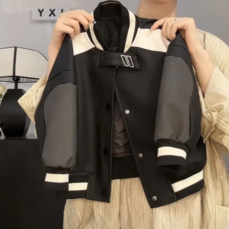 

Unisex Kids' Spring Autumn Aviator High Street Baseball Jacket Leather Coat Patchwork