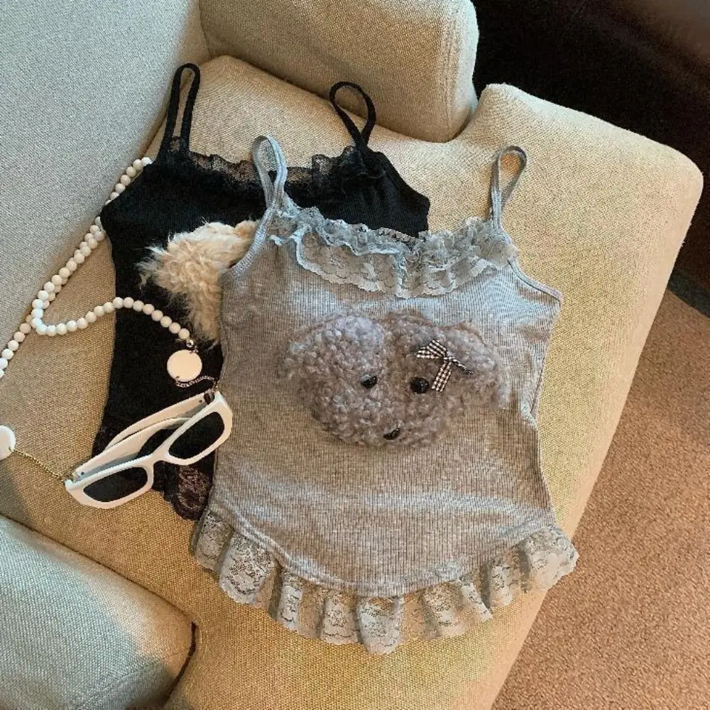 

Sweet Dog Slim Crop Top Summer Bottoming Shirt Sweet Girl's Vest Top Spice Girls Style Lace Ruffle Camisole with Pads Summer