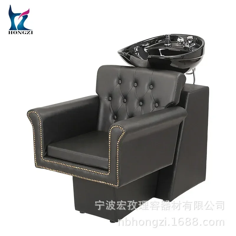 Spa Shampoo Chair with Ceramic Basin PU Leather Reclining Hair Washing Bed for Beauty Equipment