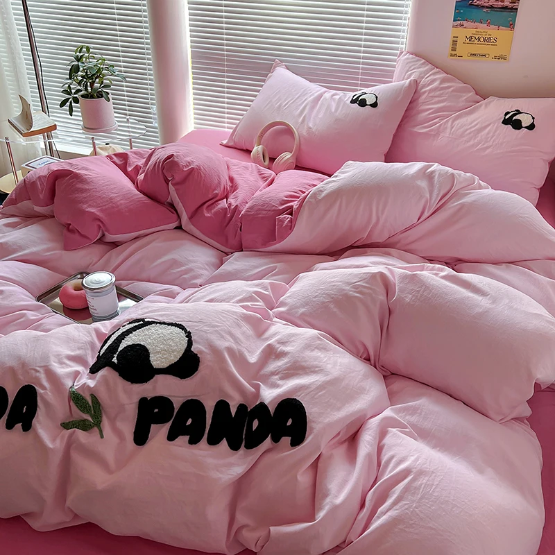 Panda Embroidery Washed Cotton Bedding Set with Pillowcase bed sheet Single Full Bed Linen Orange Duvet Cover Queen/King Double