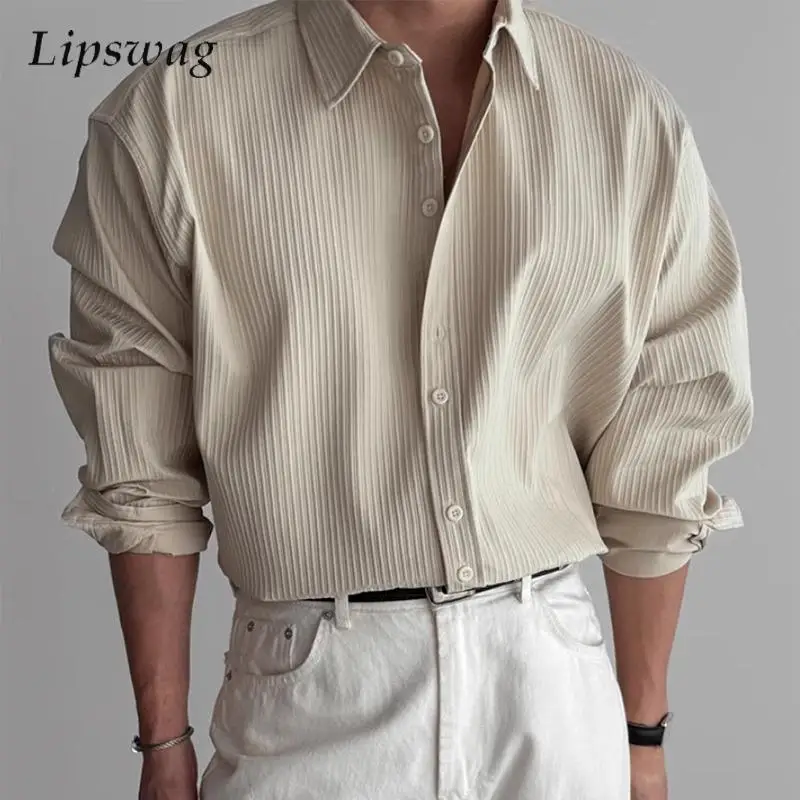 

Винтажные полосатые текстурированные рубашки, мужские осенние повседневные рубашки с длинными рукавами и отложным воротником на пуговицах, весенняя мужская одежда, модная рубашка