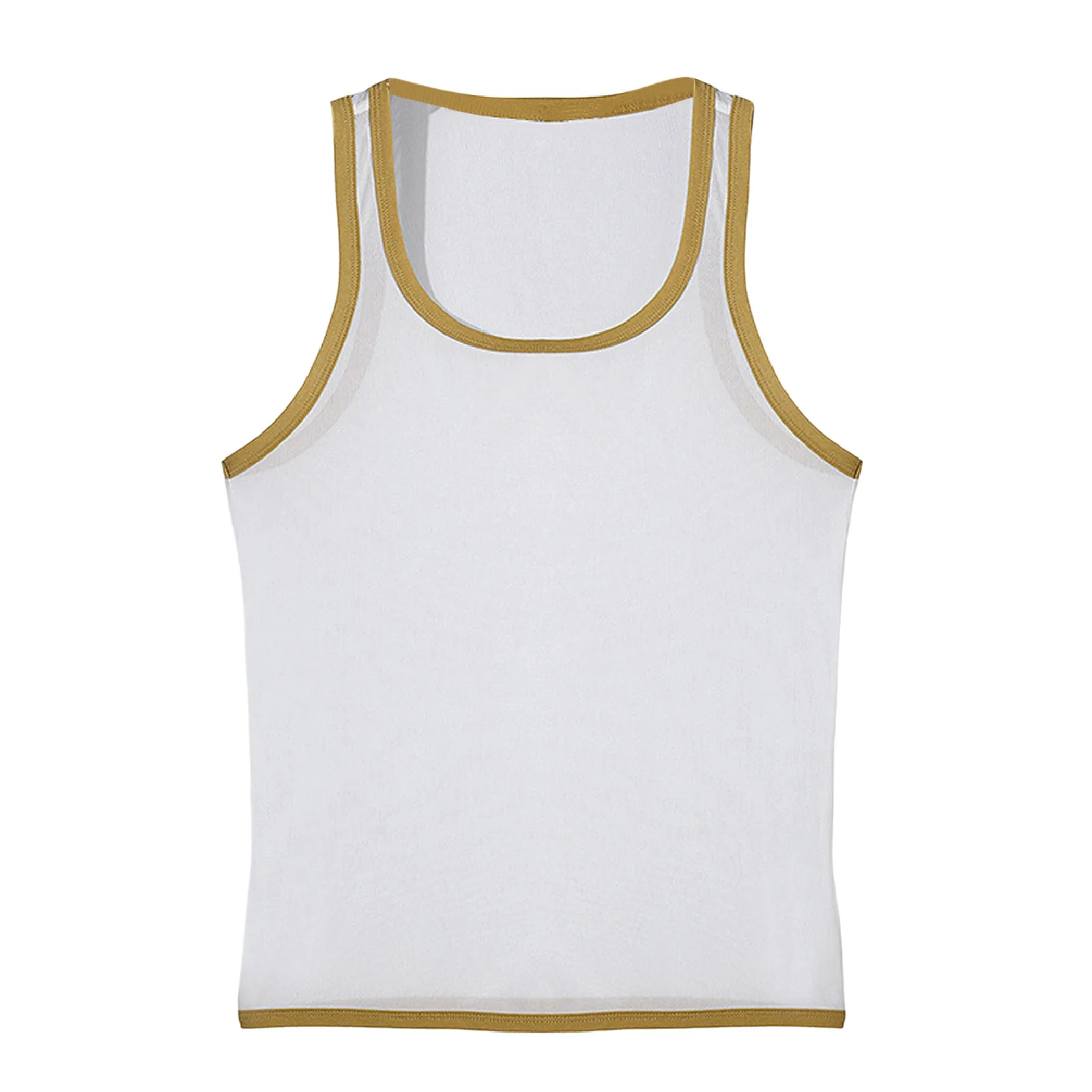 الرجال تنفس انظر من خلال شبكة الرياضة تانك الأعلى U الرقبة أكمام التباين اللون تقليم سترة رياضية للياقة البدنية كمال الاجسام