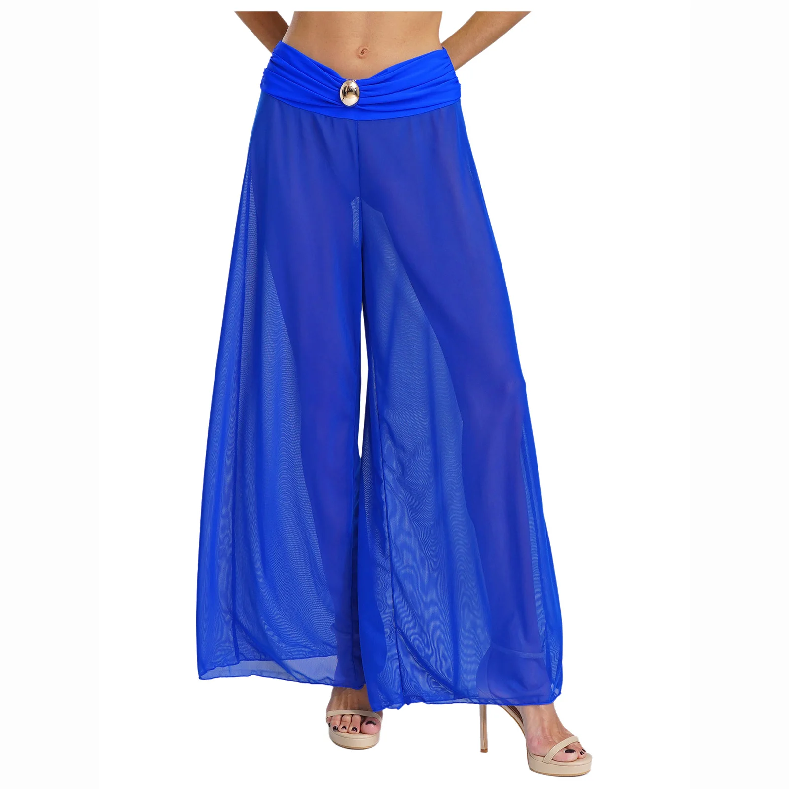 

Women Quick-drying Translucent Mesh Beach Pants Loose Glossy High Waist Wide Leg Mesh Pants Bikini Coverup Beachwear Trousers
