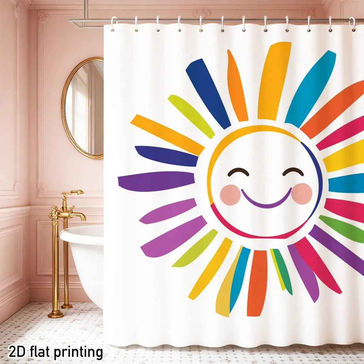 Cheerful Sun Shower Curtain – Rainbow Petals & Smiling Face, Waterproof Polyester, 72x72 Inch, Bright Bathroom Decor Gift