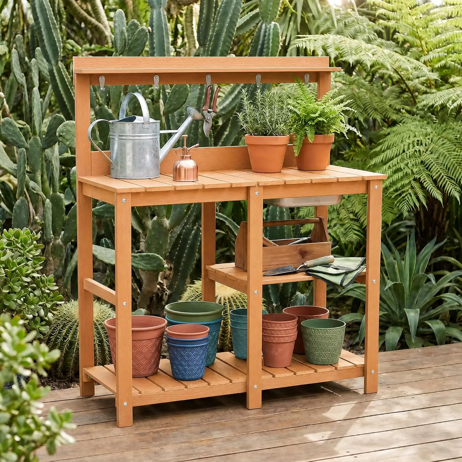 Outdoor Potting Bench with Metal Basin & Expandable Tabletop, Garden Workstation for Planting, 128cm, Customized