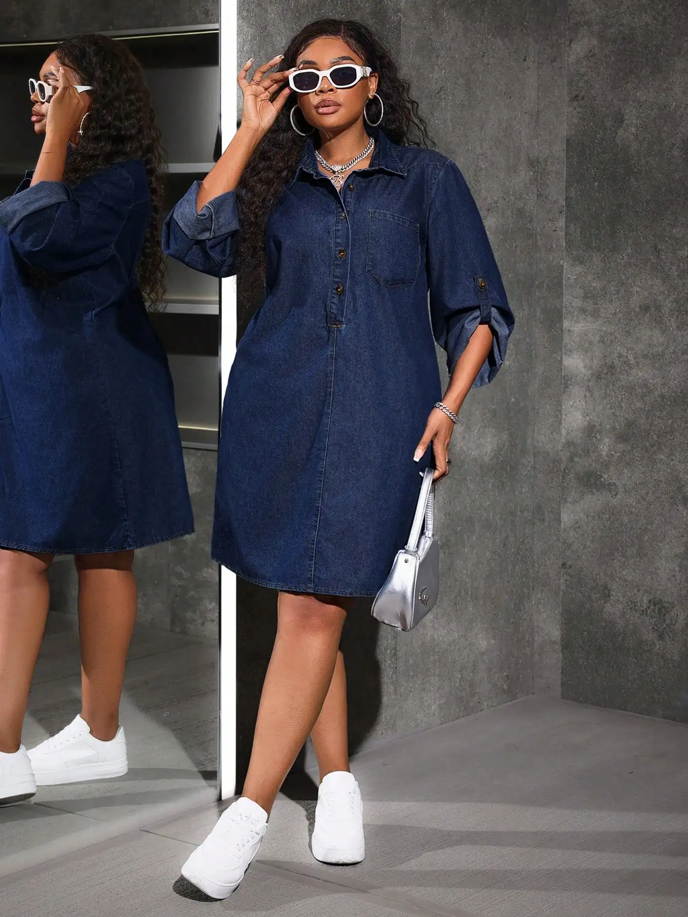 Plus Size Denim Shirt Dress Blue Knee-Length Casual Women