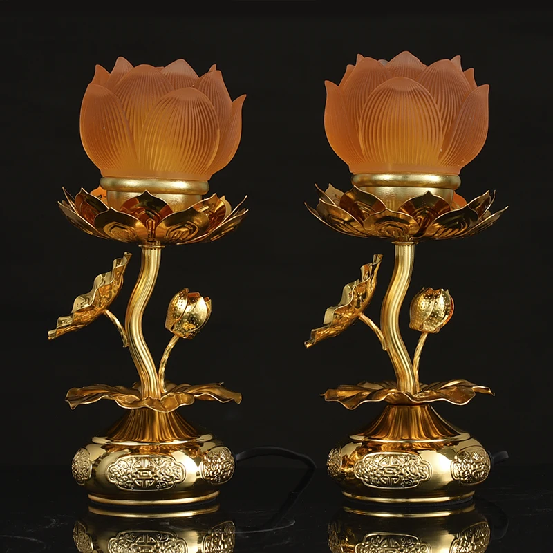 

A Pair 2P Buddhism supply HOME SHOP temple altar Buddhist worship Guan yin flower 7 colour crystal Plug-in buddha lamp