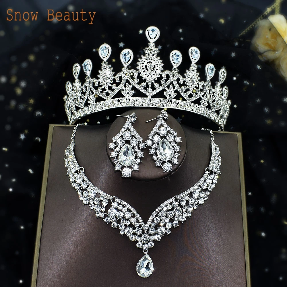 A175 Bridal Necklace Rhinestone Earrings Crown Wedding Jewelry Sets Women Crystal Tiaras Prom Queen Pageant Princess Crown Sets